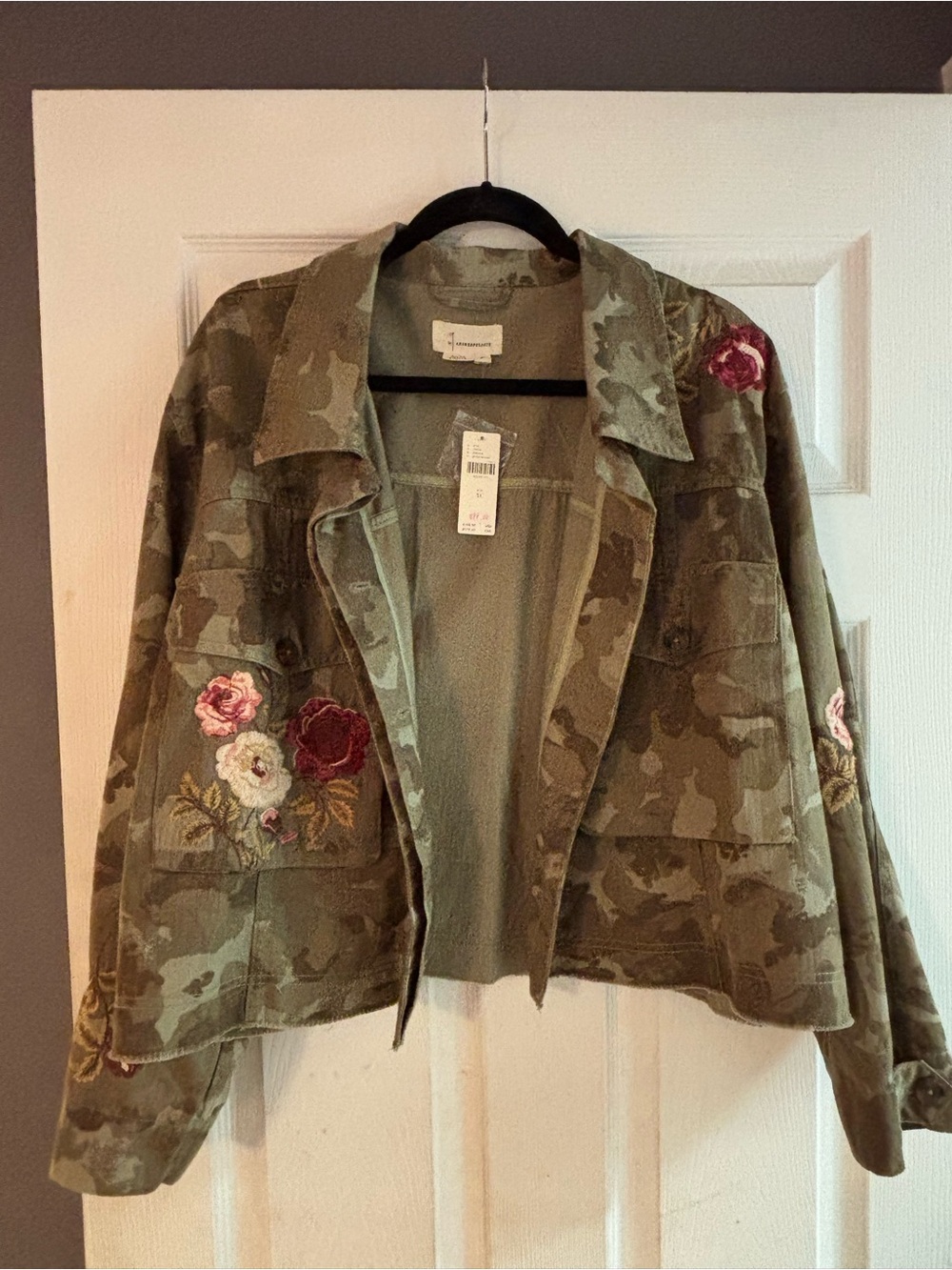 Anthropologie Olive Camo Utility Jacket with Rose Embroidery
